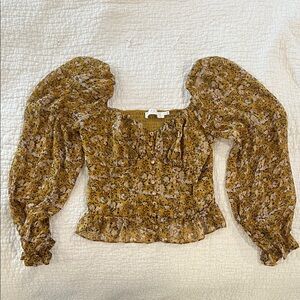 Astr Floral Puff Sleeve Blouse in Mustard and Brown